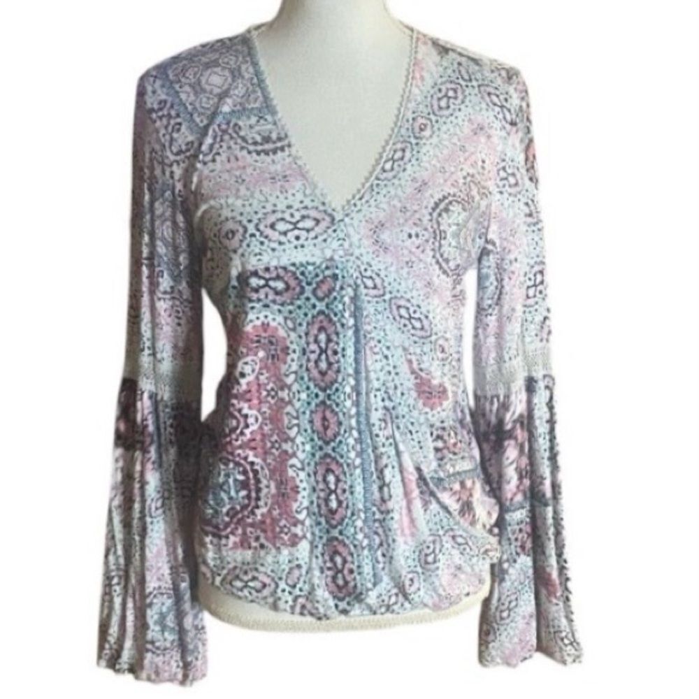 Haute Hippie Womens Pink Black Print Malia Surplice Faux Wrap Knit Top Small